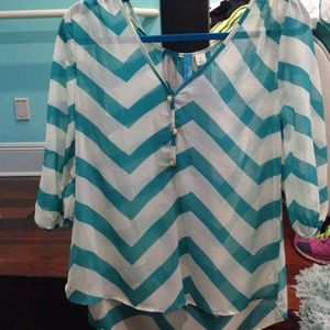FRANCESCAS TURQUOISE AND WHITE CHEVRON DRESS SHIRT