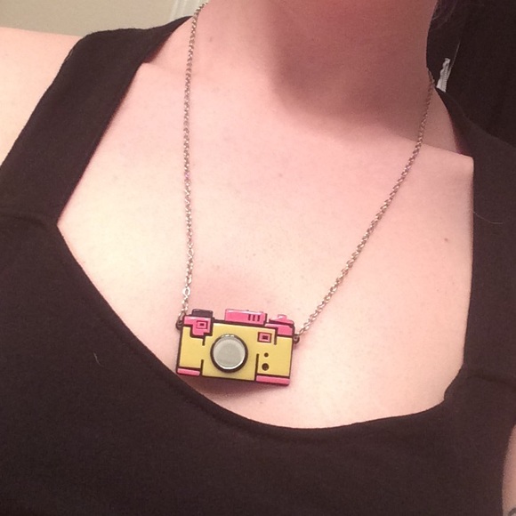 Acrylic pink and yellow camera necklace