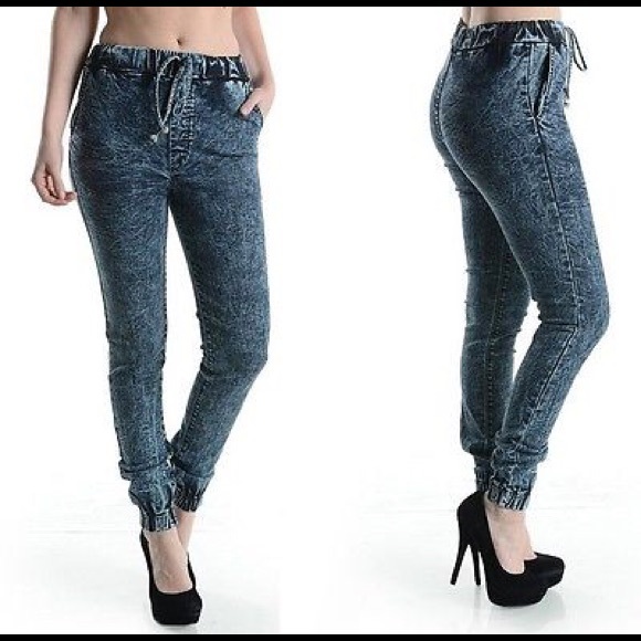 Dark acid wash denim joggers