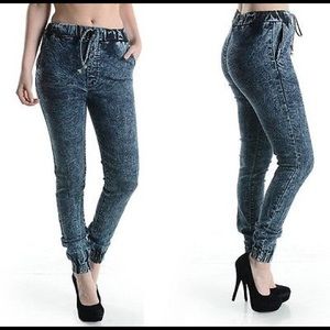 Dark acid wash denim joggers