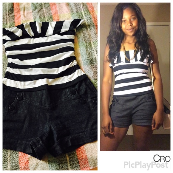 Chime Navy Blue and White Romper with jean shorts