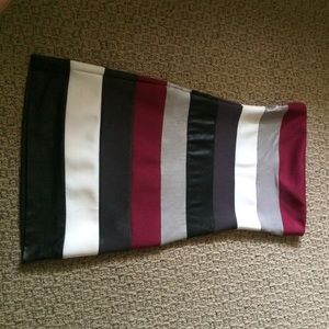 Red, white, silver, gray and black striped dress