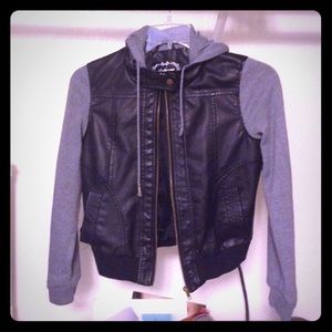 Leather jacket with grey soft sleeves