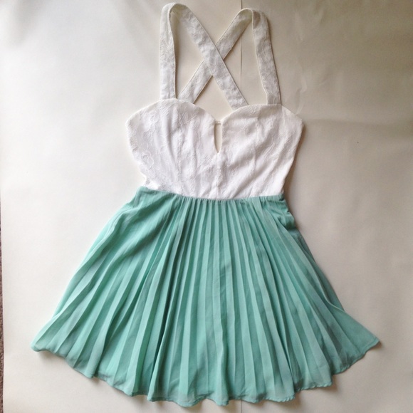 White and mint pleated dress