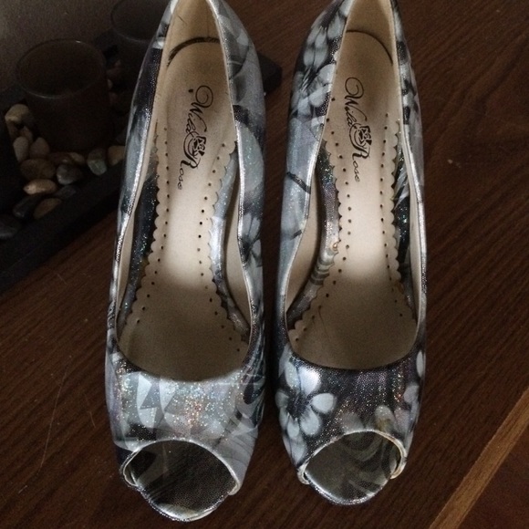 Silver and grey floral heels