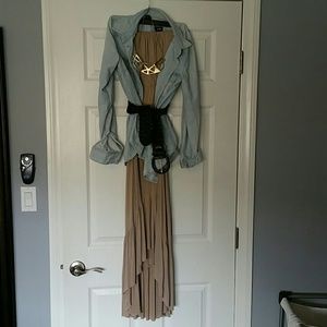 Tan strapless maxi & black belt