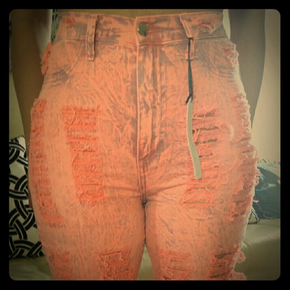 High waisted distressed coral jeans