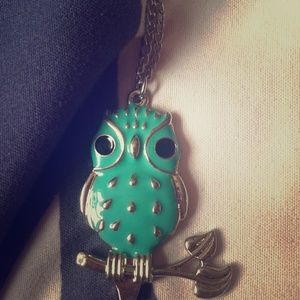 Teal enamel owl necklace