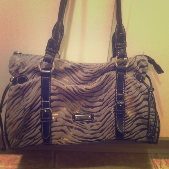 Grey black and hold zebra print purse.