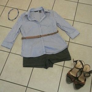 Blue and white striped button-up blouse