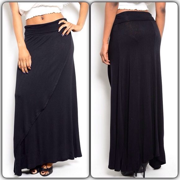 Skirts | Black Faux Wrap Folded Waist Maxi Skirt | Poshmark