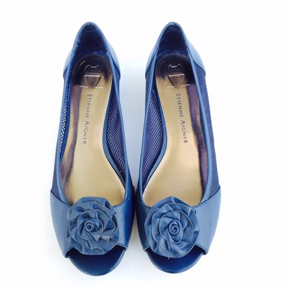 Etienne Aigner Floral Blue Peep Toe Wedge Pumps