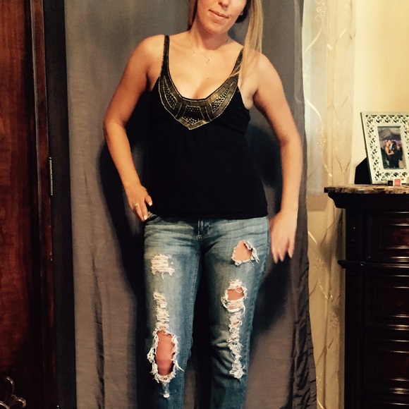 Bebe black & bronze beaded top