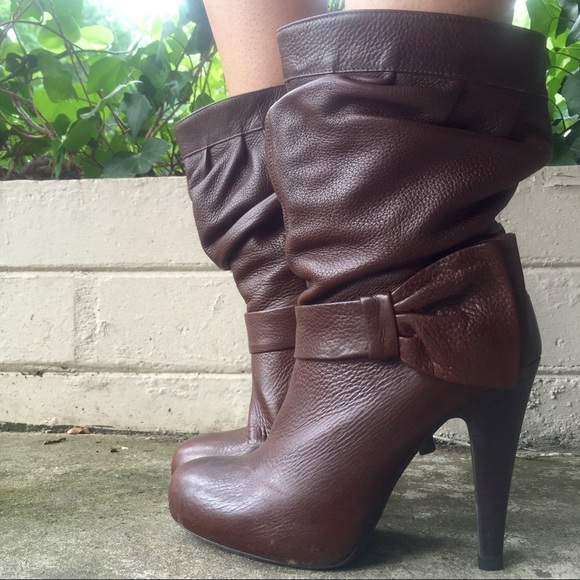 Brown Leather Hidden Platform Scrunch Bow Boots
