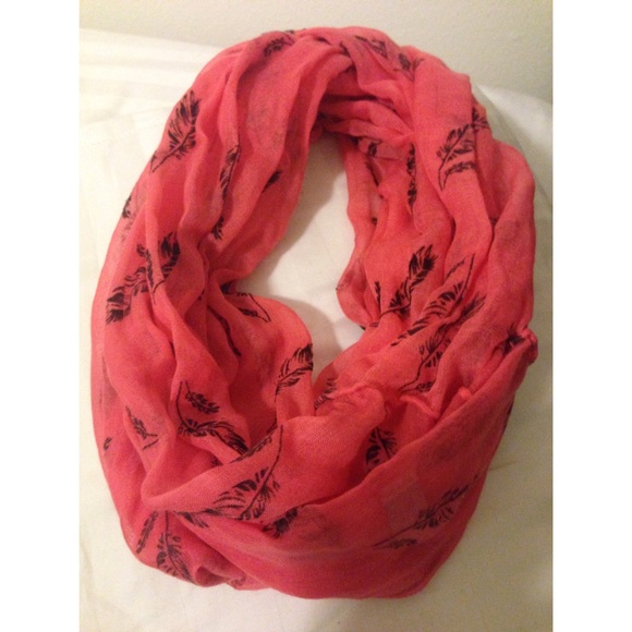 Coral color Infinity Scarf w/ Feather Print