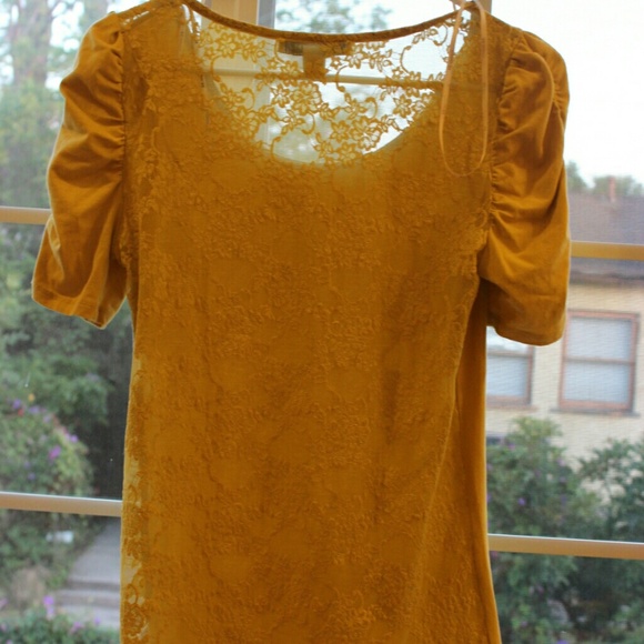 Mustard Yellow Ruched Shoulders Lace Back Top
