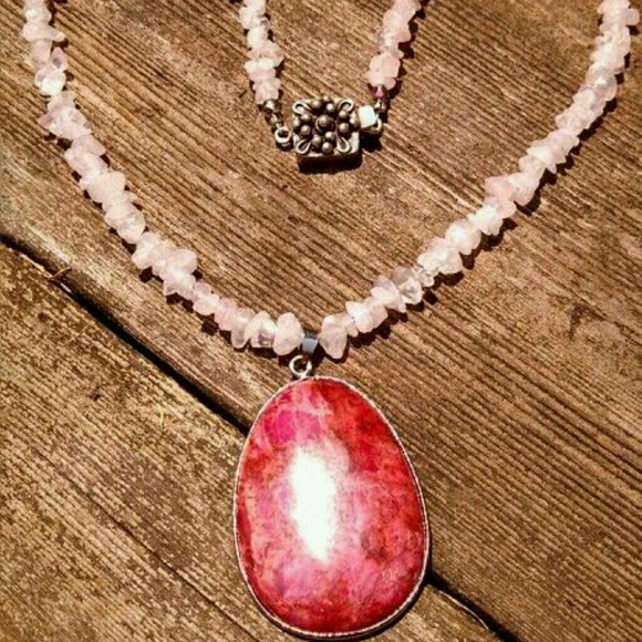 Natural rose quartz & crazy lace jasper necklace