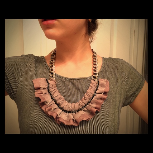 Blush Pink Ribbon Silver Link Collar Necklace