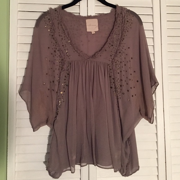 Anthropologie Embellished Gray Shirt