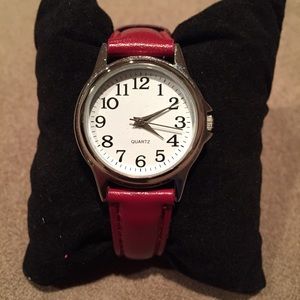 Silver watch with red leather band (NWOT)