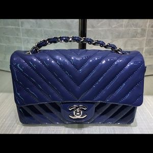 SOLD - Chanel 2015 Chevron Flap Patent Navy Blue
