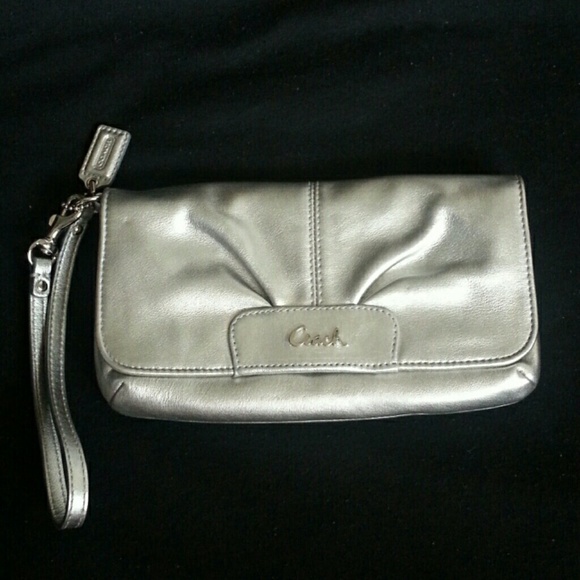Silver coach wristlet leather and NWT