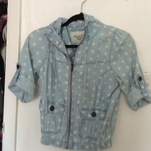 Blue & white polka dot zip-up cover up