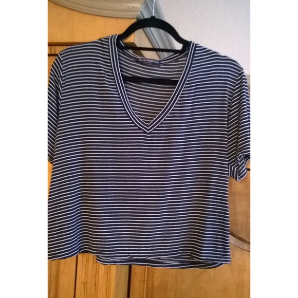 Brandy Melville V Neck Navy Blue/White Striped Tee