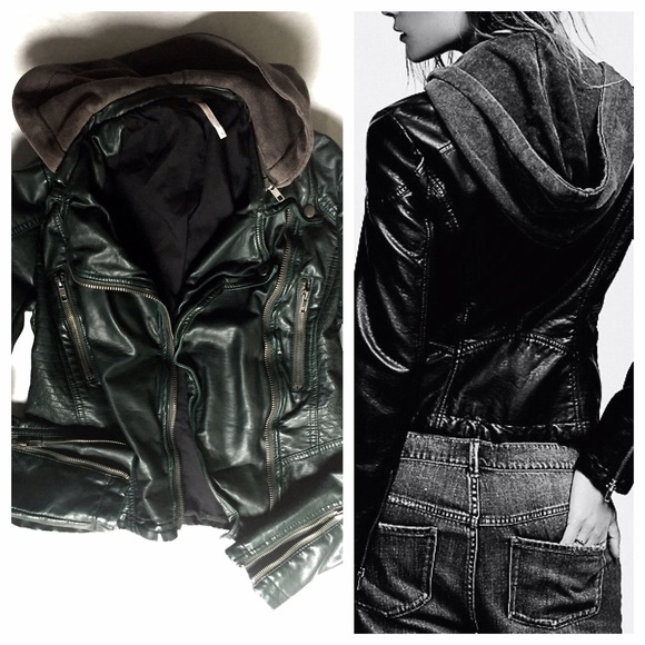 FREE PEOPLE Vegan LEATHER Hooded JACKET Dark Green