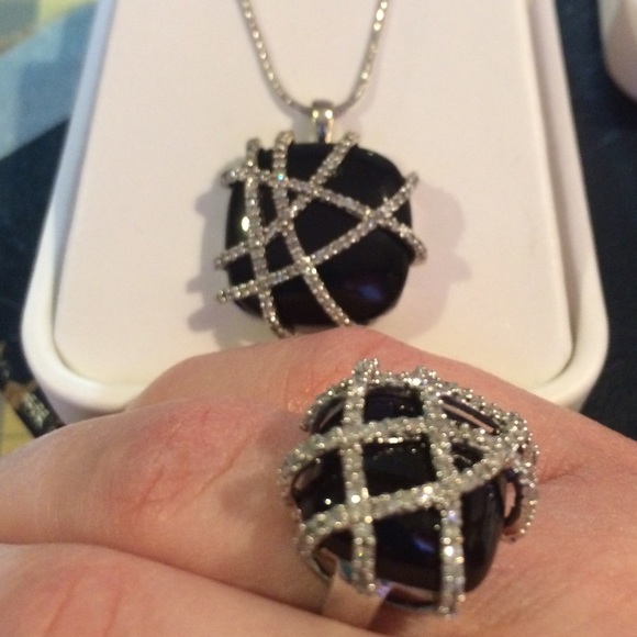 Onyx and diamond necklace and ring set