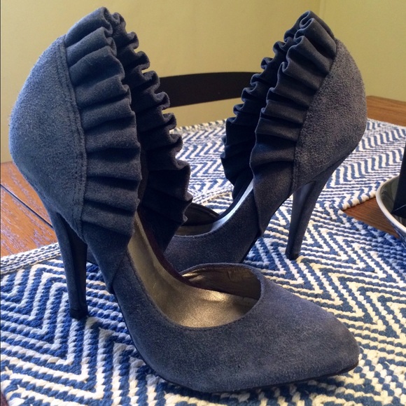 Blue suede ruffle heels