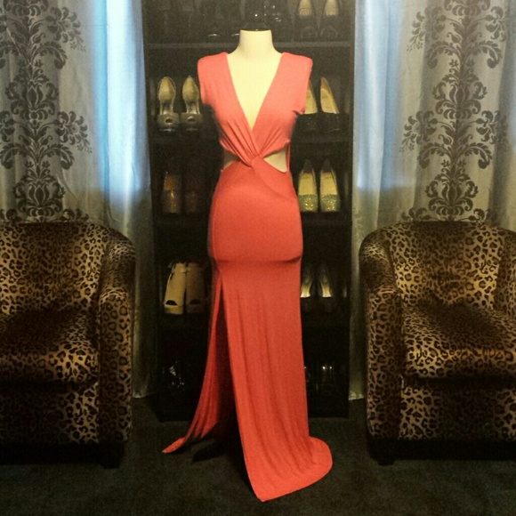 Brand new coral maxi dress with slit and cut outs