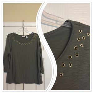 Army green top with gold grommeta