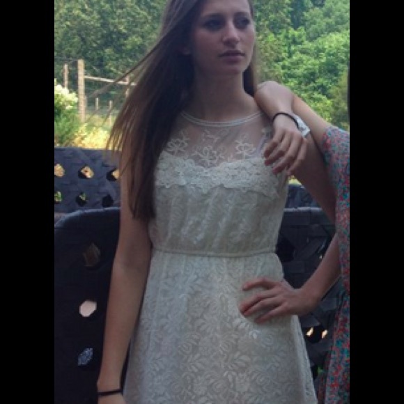 High neck lace beige tank dress