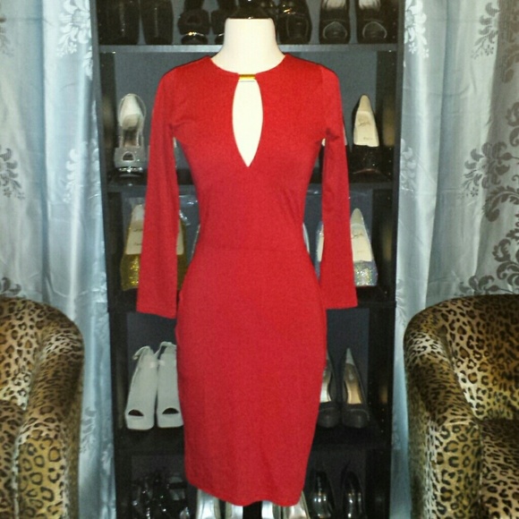 Long sleeve red midi with key hole and gold accent