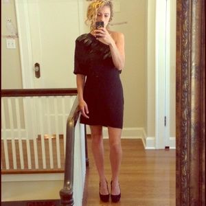 Size S Black silk one shoulder mini with feathers