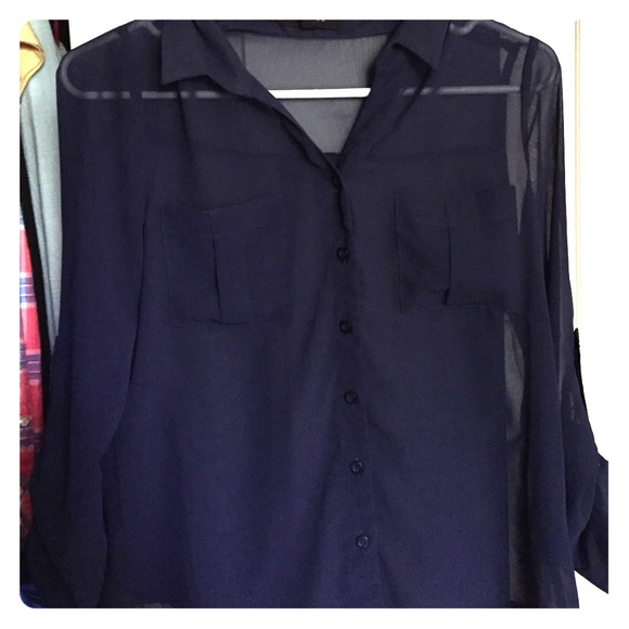 Chiffon navy blue button up shirt