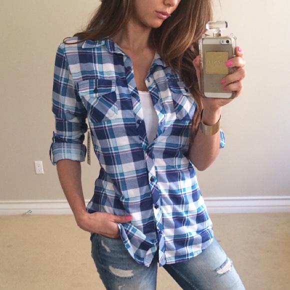 • SOLD • Blue & Pink Plaid Shirt L - Picture 2 of 4