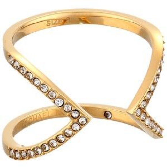 Gold tone pave embellished open arrow ring