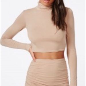 Beige cotton turtleneck crop top