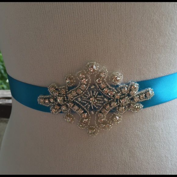 Bridal something blue sash. Rhinestone sash