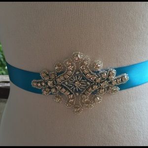 Bridal something blue sash. Rhinestone sash