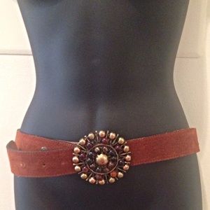 Suede leather belt with jeweled buckle
