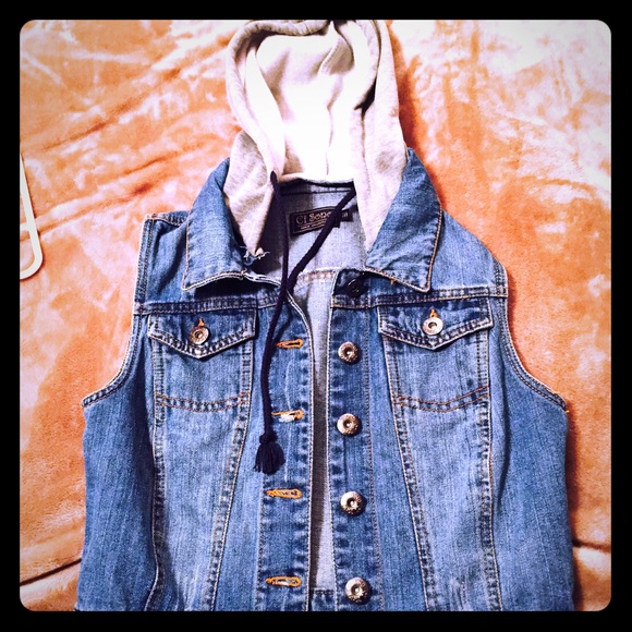 Denim vest with sweatshirt hood