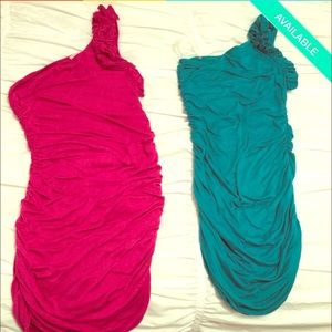 One shoulder body con. 1 teal 1 deep pink