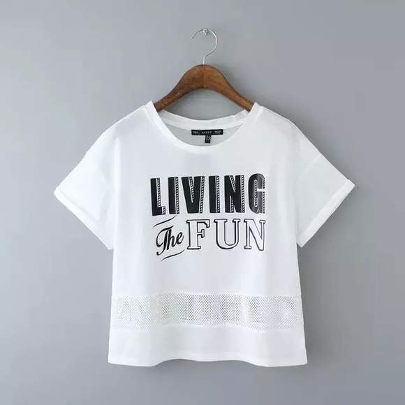 Living the fun crop tee with net panel, BNWT