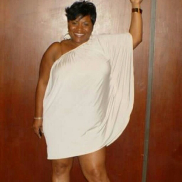 Toga style one shoulder cream mini dress.