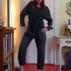Teal spiral/tribal print vintage 80s jumpsuit