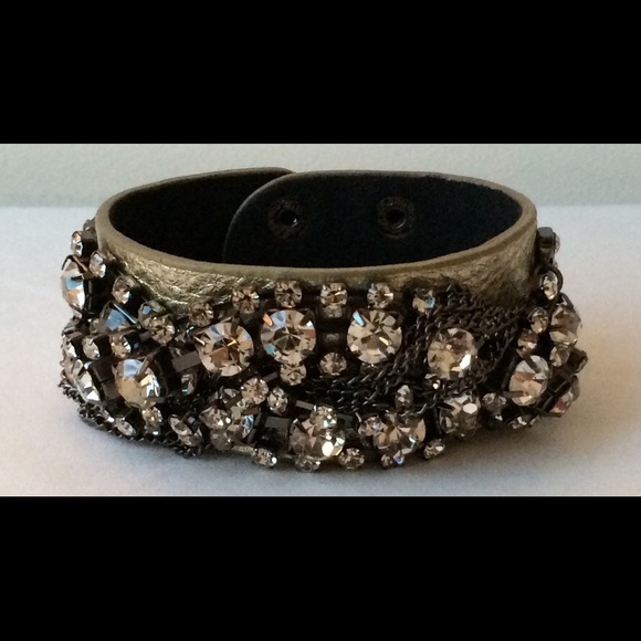 Crystal and Gold Leather Cuff Bracelet