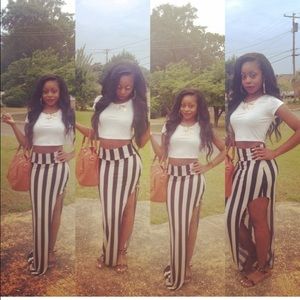 Beige and black striped split skirt